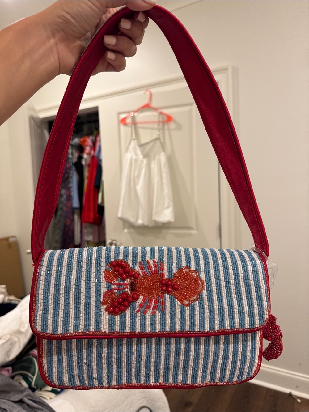 Blue Stripe Beaded Lobster Shoulder Bag